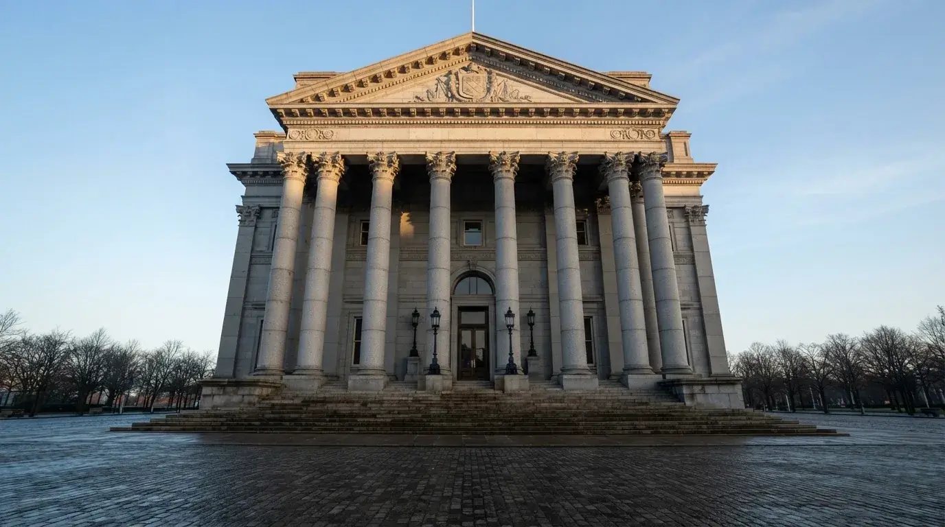 Stenfasad på en statlig byggnad i Stockholm vid gryning, höga pelare och ett tomt torg framför — svenska casinon på ios