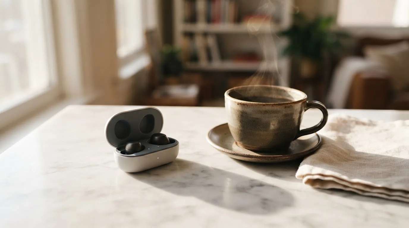 Trådlösa hörlurar på ett marmorbord bredvid en kaffekopp — svenska casinon på ios